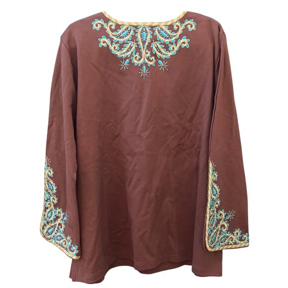Bob Mackie Brown Embroidered Tunic Top Size 1X NWT Boho - Picture 2 of 5